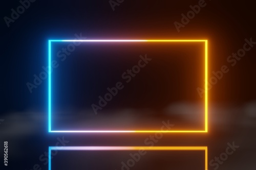 abstract technology LED screens blue orange glowing neon line animation fog background 3D rendering