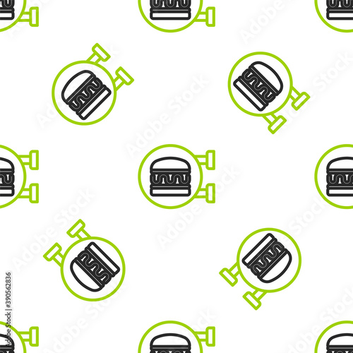 Line Online ordering and burger delivery icon isolated seamless pattern on white background. Vector.