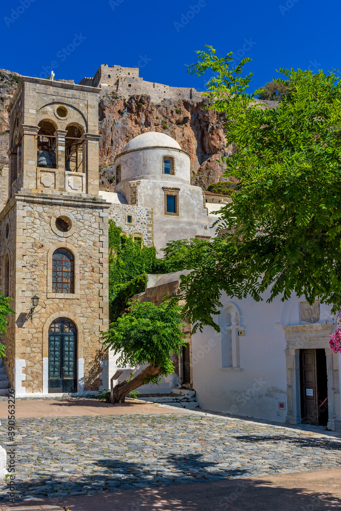 Traditional architecture with the  bell tower of Elcomenos Christos in the main square  of the medieval  castle of Monemvasia, Lakonia, Peloponnese, Greece