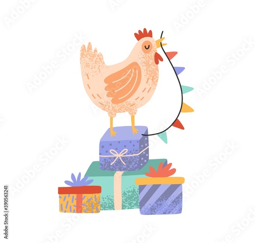 Celebratory rooster standing on pile of gift boxes and holding flag garland beak. Cute cockerel or hen with presents isolated on white background. Flat vector cartoon illustration of cute cock