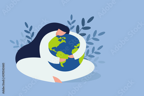 Conceptual illustration of a girl embracing the planet Earth with love