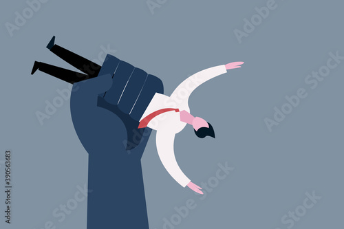Conceptual illustration of a big dark hand holding a businessman upside down inside the fist
