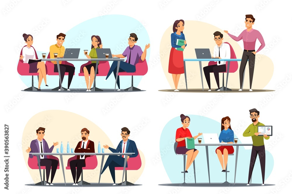 Business meeting brainstorming vector illustrations set. Team of people working at office. Corporate communication. Men and women sitting and standing, negotiating Business meeting brainstorming vector illustrations set. Team of people working at office. Corporate communication. Men and women sitting and standing, negotiating