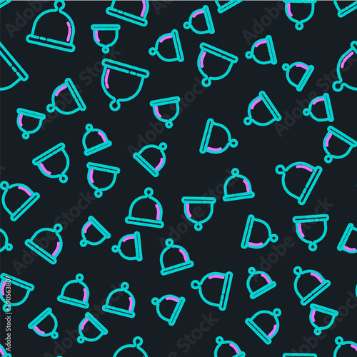 Line Menstrual cup icon isolated seamless pattern on black background. Feminine hygiene. Protection for woman in critical days. Vector.