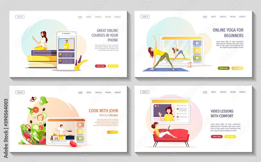 Set of web pages with video tutorials or lessons. Studying, Online training, Online yoga, e-learning courses,  vlog, food blog concept. Vector illustration for poster, banner, advertising.