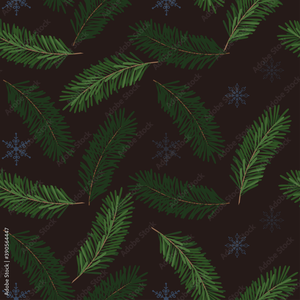 Christmas seamless pattern with pine branches and snowflakes. Cute vector pattern