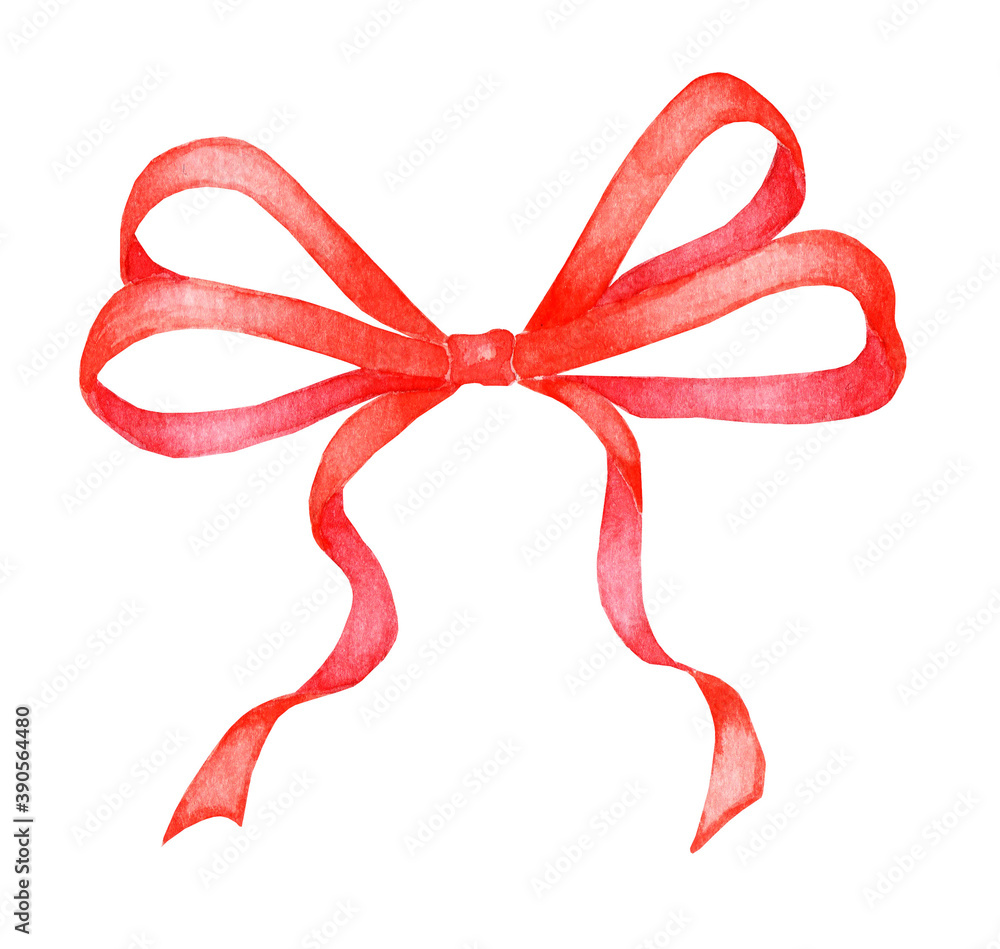 Romantic red bow ribbon isolated on white background. Decoration of festive events. Christmas or birthday decoration element. Watercolor illustration isolated on a white background, hand-drawn. Romantic red bow ribbon isolated on white background. Decoration of festive events. Christmas or birthday decoration element. Watercolor illustration isolated on a white background, hand-drawn.