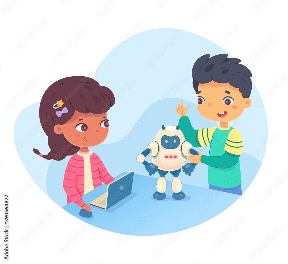 Kids playing with robot from laptop. Boy and girl coding and engineering science project on computer. Weekend hobby activities vector. Smart children having fun programming illustration Kids playing with robot from laptop. Boy and girl coding and engineering science project on computer. Weekend hobby activities vector. Smart children having fun programming illustration