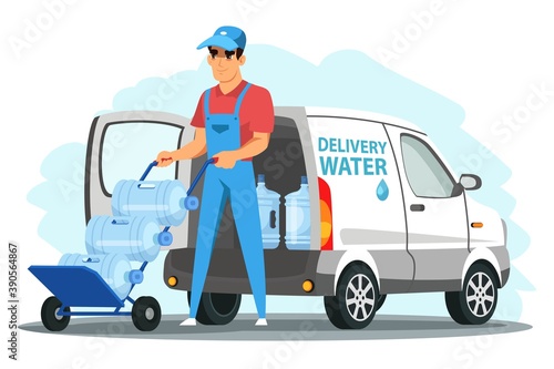Water delivery service flat vector illustration. Smiling man with bottles in uniform cartoon character. Delivery truck. Plastic bottles, blue containers. Supply, shipping. Business service.