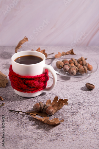 Acorn coffee Cup with acorns on a concrete background. Cozy autumn image-a Cup in a knitted scarf. A substitute for coffee. Copy space