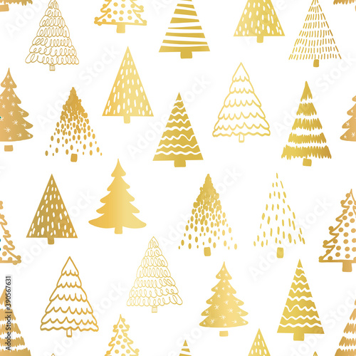 Doodle tree pattern gold foil on white seamless vector pattern. Metallic golden foil Christmas trees repeating background hand drawn sketch style. Modern Holiday design for fabric, wrapping paper.