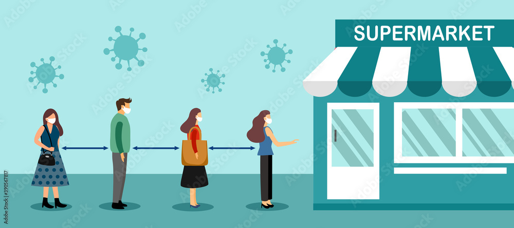 Obraz premium People wearing medical face mask and keep distancing while waiting in line for supermarket. Social distancing awareness in Covid19 Coronavirus epidemic outbreak.