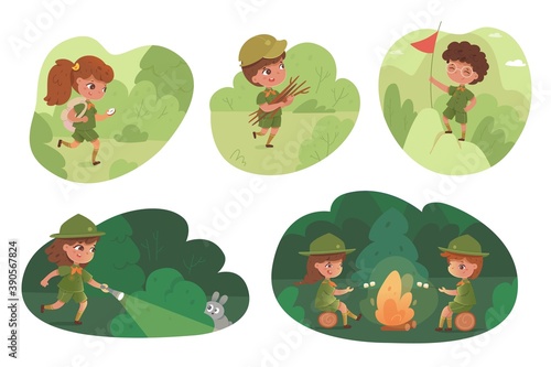 Kids on camping trip in forest set. Boy and girl scouts travel with compass, grill marshmallows on campfire, bring firewood, search animals. Outdoor adventure scene vector illustration
