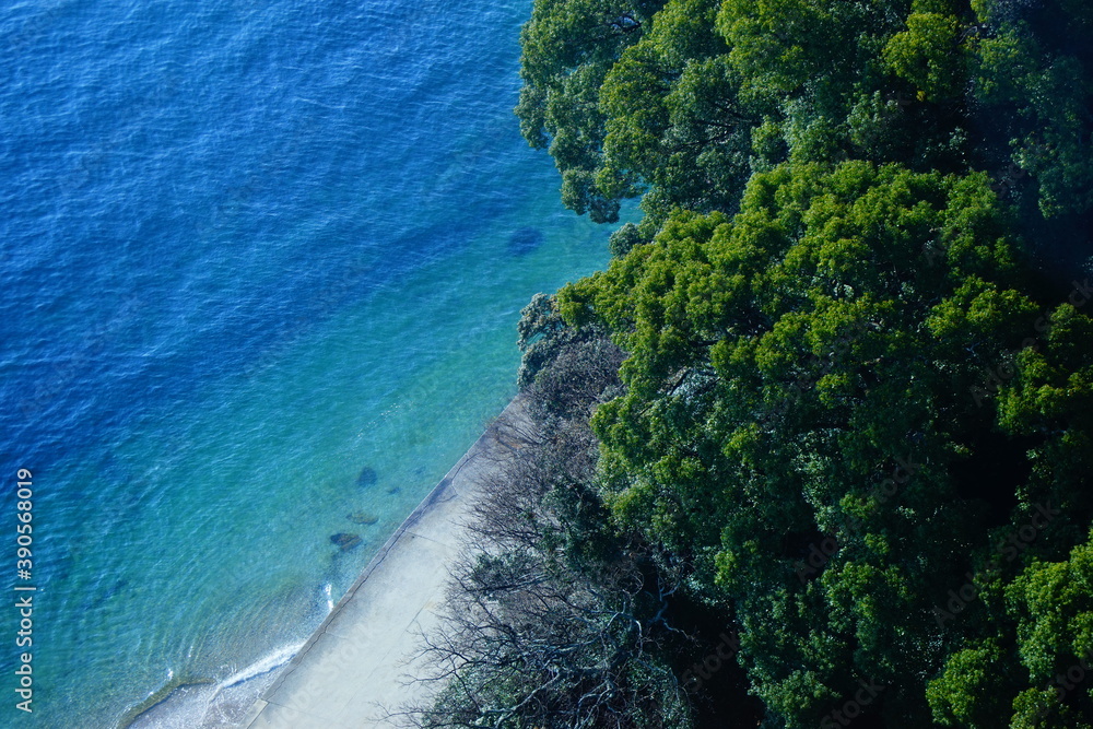 日本の広島の瀬戸内海の海と森と砂浜を俯瞰した風景