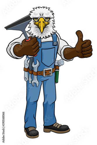 An eagle cartoon mascot car or window cleaner holding a squeegee tool and giving a thumbs up