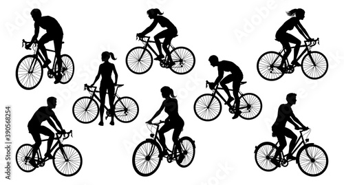 A set of bicycle cyclists riding their bikes in silhouette