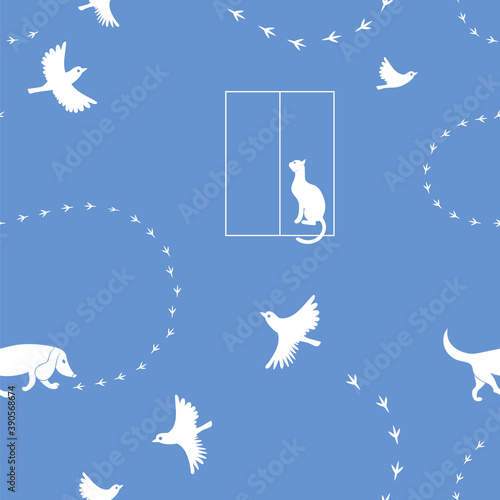 Dog, cat, sparrow, bird's trail. Vector pattern silhouette.