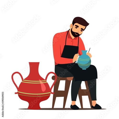 Artist painting ceramics. Small business owner vector illustration. Young man sitting on chair and working on jug in ceramics store or studio isolated on white background