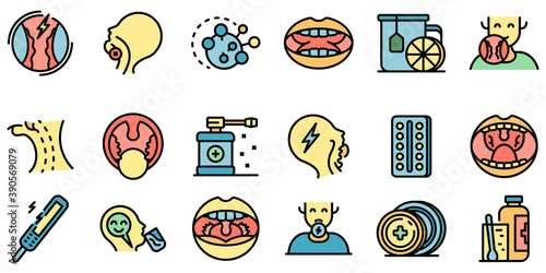 Tonsillitis icons set. Outline set of tonsillitis vector icons thin line color flat on white