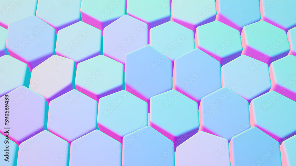 Abstract gradient blue, pink and green hexagon background; pastel color hex background; simple geometric structure; perspective view; 3d rendering, 3d illustration Abstract gradient blue, pink and green hexagon background; pastel color hex background; simple geometric structure; perspective view; 3d rendering, 3d illustration