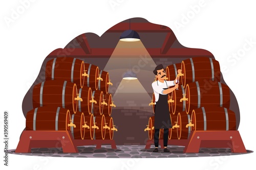Man tasting wine from barrel vector illustration. Red, white, rose, champagne, sparkle wine making process flat drawing. Professional sommelier cartoon character. Isolated design element.