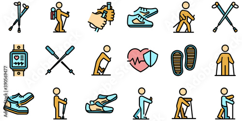 Nordic walking icons set. Outline set of nordic walking vector icons thin line color flat on white