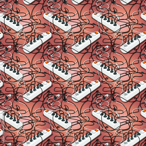 Tangled computer wires, surge protectors, sockets. Seamless pattern

