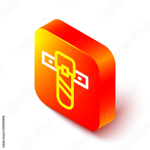 Isometric line Knife holster icon isolated on white background. Orange square button. Vector.