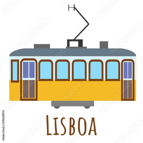 Flat style vintage yellow tram, symbol of Lisboa. Landmark icon for travelers. Vector illustration isolated on white background