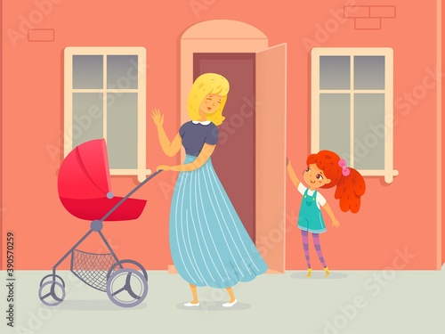 Good child opening door for woman with stroller. Courteous kind kid standing, helping with door for young woman to enter building with baby. Manners and respect vector illustration