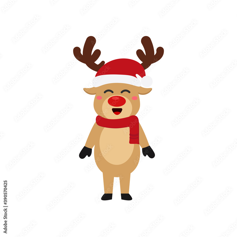 Fototapeta premium Reindeer set Happy smile in Christmas celebration, standing holding gifts, standing waving, giving out gifts. Pins into the chimney.vector illustration and icon