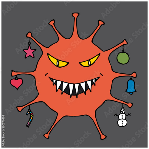 The molecule of the coronavirus with an evil face is decorated with Christmas toys.