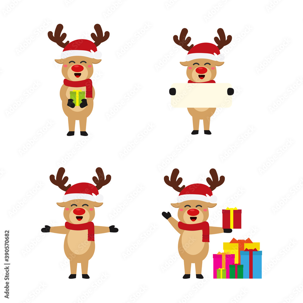 Reindeer set Happy smile in Christmas celebration, standing holding gifts, standing waving, giving out gifts. Pins into the chimney.vector illustration and icon Reindeer set Happy smile in Christmas celebration, standing holding gifts, standing waving, giving out gifts. Pins into the chimney.vector illustration and icon
