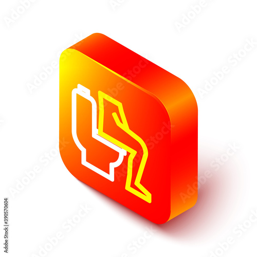 Isometric line Men sitting on the toilet and Constipation are experiencing severe abdominal pain icon isolated on white background. Orange square button. Vector.