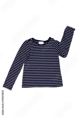 Black and white from kids clothing isolated on white background. Black and white striped child girl shirt in marine style. Summer fashion.