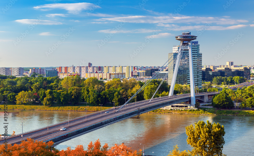 Sunrise on Bridge SNP and UFO tower view point over Danube river in Bratislava city, Slovakia