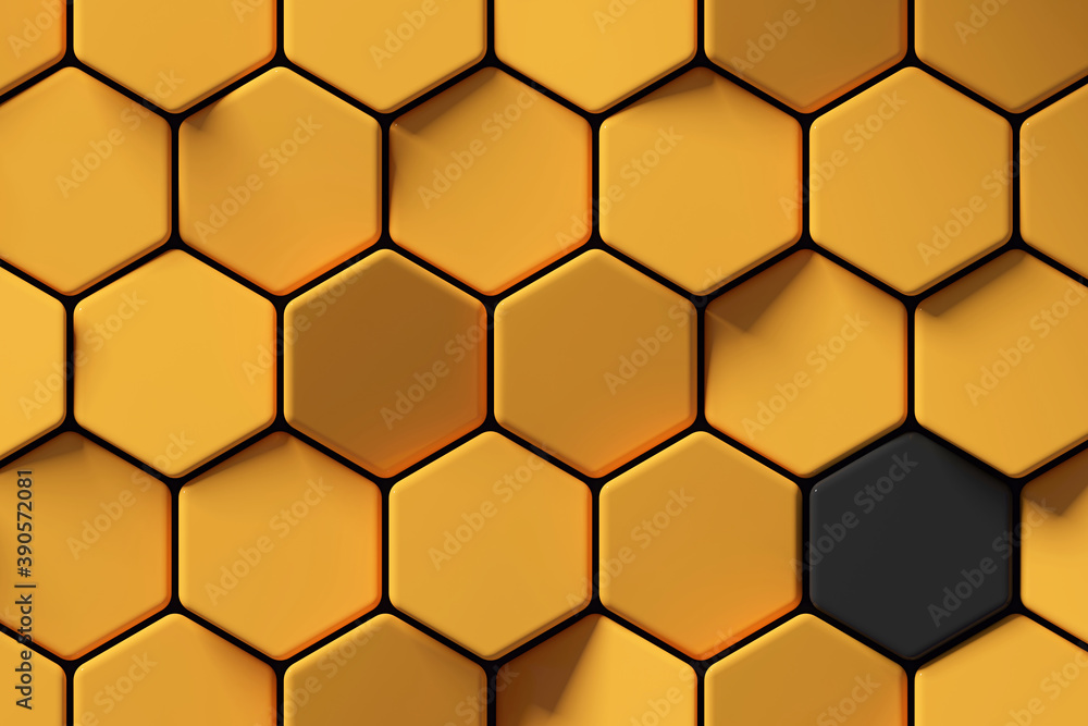 Abstract yellow hexagon background with single black field; honeycomb  pattern isolation concept; close up of golden hex geometric structure; top  view; 3d rendering, 3d illustration Stock Illustration