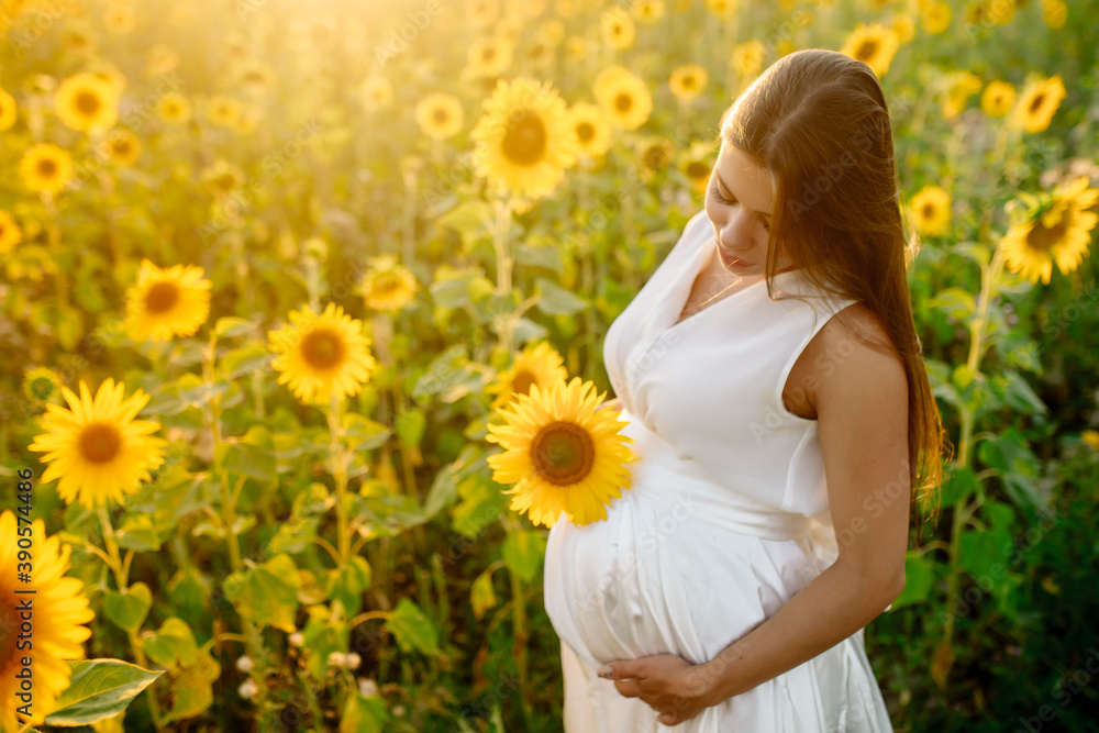 Beautiful caucasian pregnant woman walking in the summer at sunset in a field of blooming sunflower