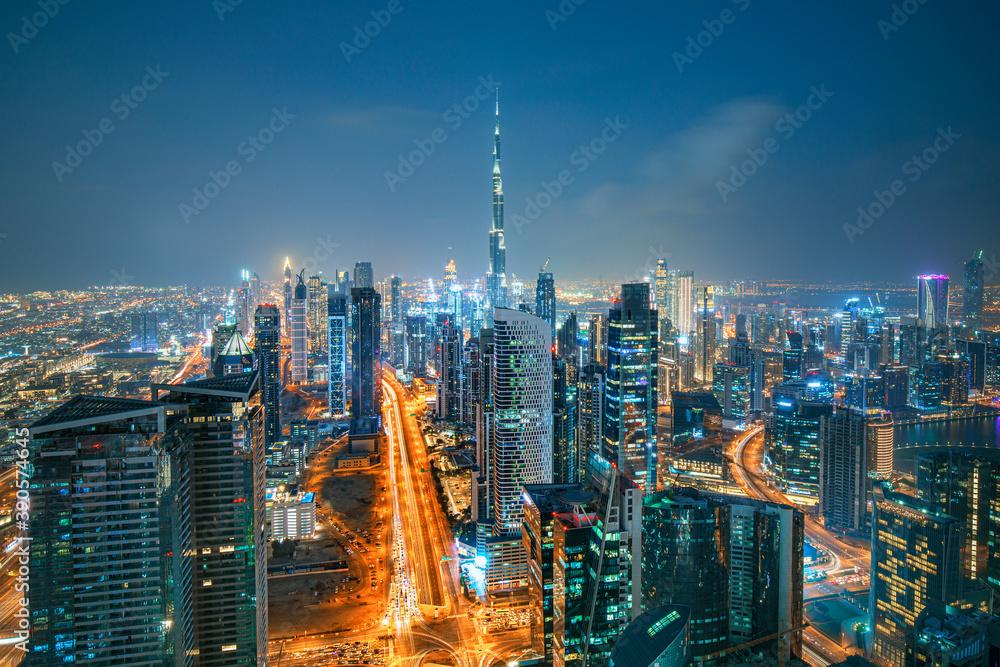 Dubai city center view at sunrise, United Arab Emirates