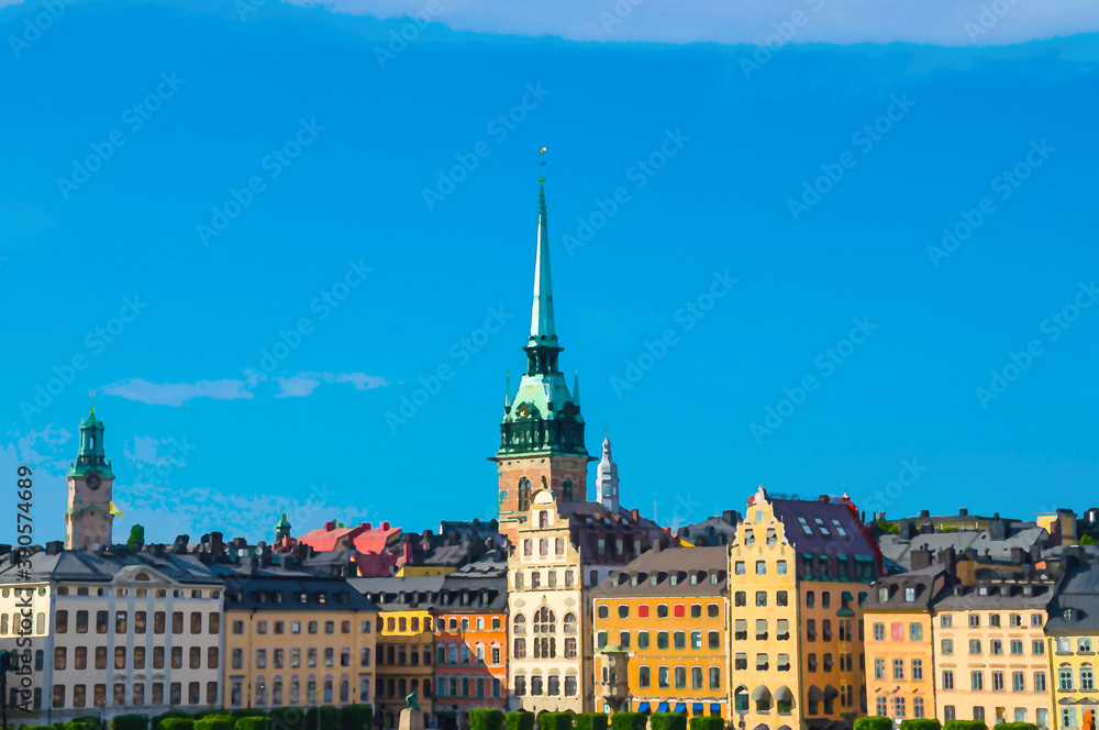 Watercolor drawing of Traditional buildings with roofs and colorful walls, Spires of Lutheran German Church on Kornhamnstorg harbour square in historical town quarter Gamla Stan, Stockholm, Sweden
