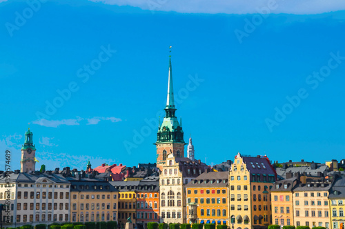 Watercolor drawing of Traditional buildings with roofs and colorful walls, Spires of Lutheran German Church on Kornhamnstorg harbour square in historical town quarter Gamla Stan, Stockholm, Sweden