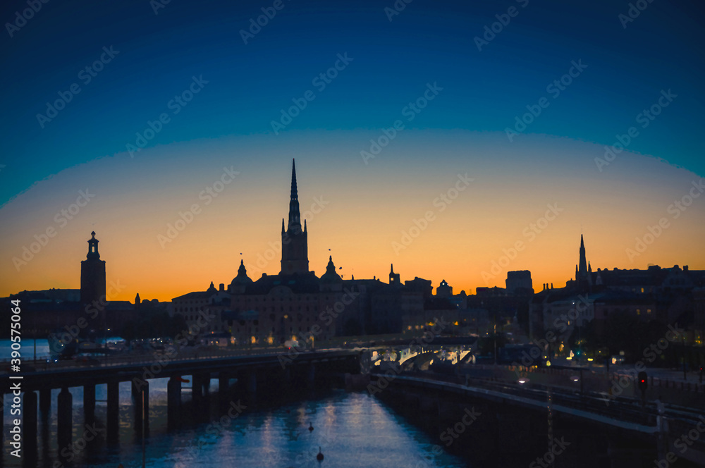 Watercolor drawing of Silhouette of Stockholm cityscape skyline with Riddarholmen Church spires, City Hall Stadshuset tower, bridge over Lake Malaren in Gamla Stan at sunset, dusk, twilight, Sweden