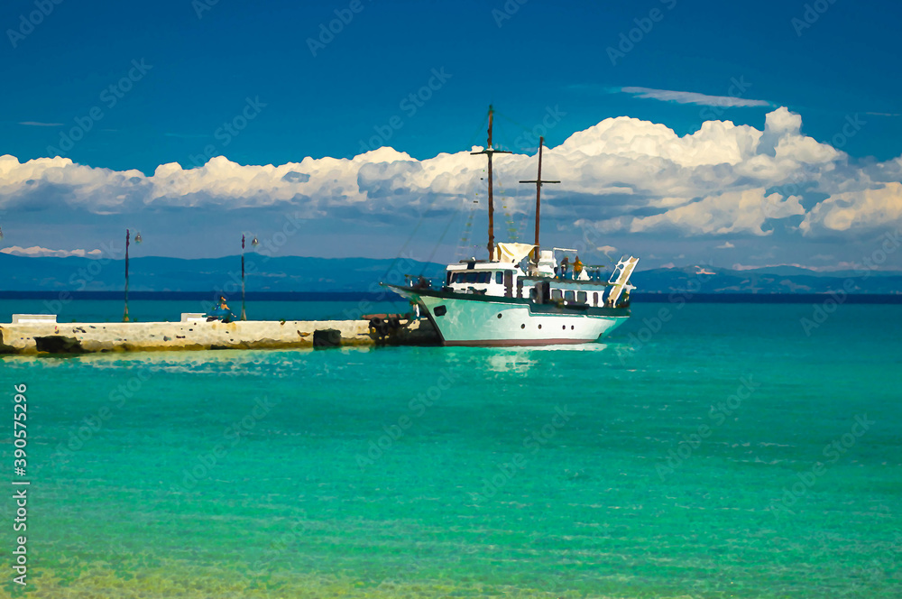 Watercolor drawing of View of ship boat on blue paradise water of Toroneos kolpos gulf, blue sky white clouds over Sithonia peninsula near pier jetty in Pefkohori, Halkidiki, Macedonia, Greece