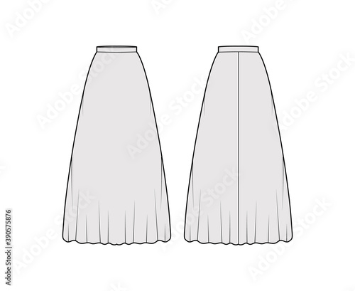 Skirt maxi long technical fashion illustration with floor ankle lengths silhouette, semi-circular fullness. Flat bottom template front, back, grey color style. Women men unisex CAD mockup