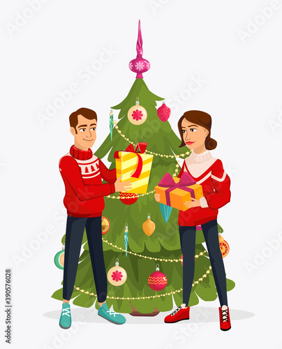 A man and a woman give gifts. Christmas tree with decorations and gift boxes. Merry Christmas and Happy New Year. Vector illustration