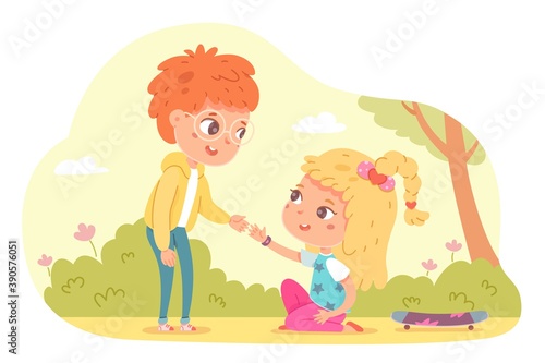 Friend helps girl to get up. Empathy, compassion and love vector illustration. Upset girl fell from skateboard in park. Boy giving hand, consoling and caring, sympathy, help © backup_studio