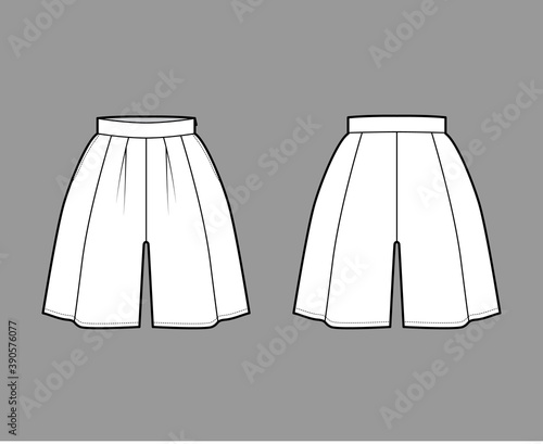 Shorts skirt culotte technical fashion illustration with mini length, oversize silhouette, thick waistband, side zipper. Flat bottom template front, back white color style. Women men unisex CAD mockup