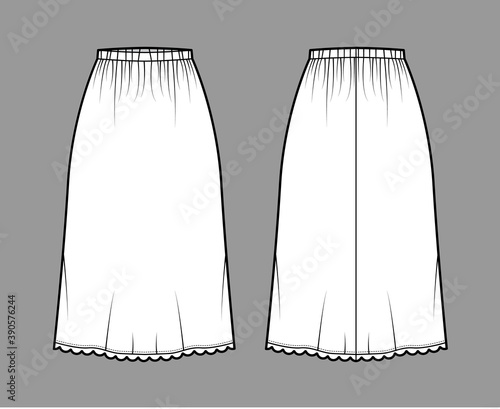 Skirt slip dirndl technical fashion illustration with below-the-knee silhouette, A-line fullness, scalloped edge. Flat bottom template front, back white color style. Women, men, unisex CAD mockup