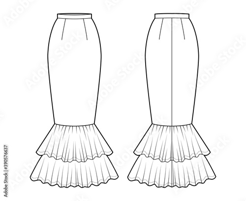 Skirt mermaid fishtail maxi technical fashion illustration with floor ankle lengths silhouette, pencil fullness. Flat bottom template front, back, white color style. Women men unisex CAD mockup