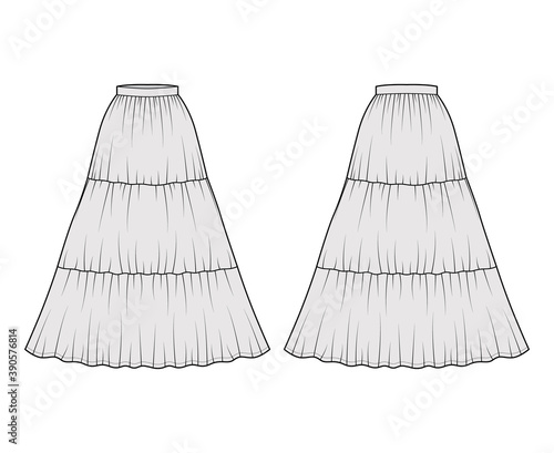 Skirt gypsy dirndl technical fashion illustration with maxi floor length silhouette, circular fullness. Flat bottom template front, back, grey color style. Women, men, unisex CAD mockup